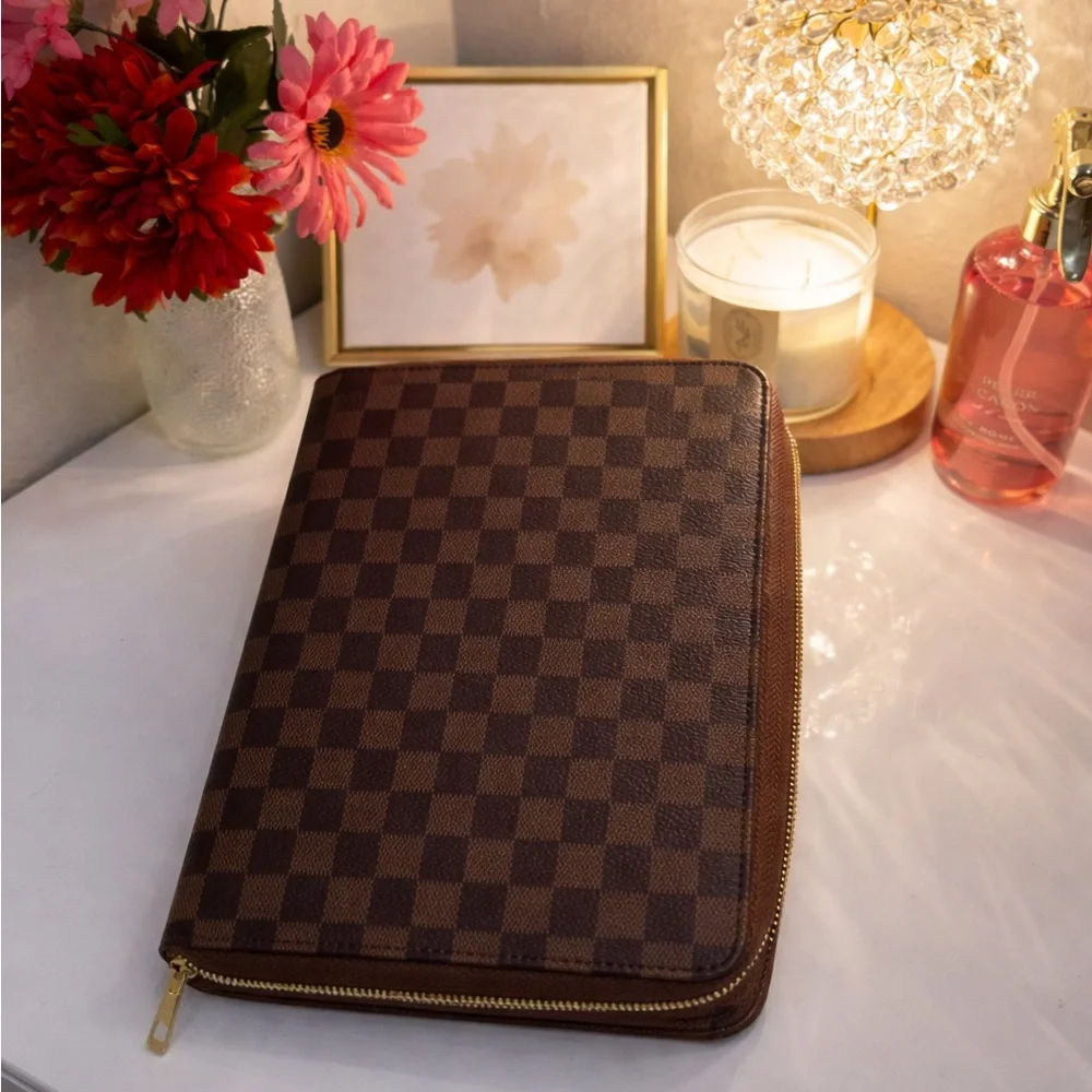 Brown Checkered Red Interior by Nexella Luxe B5 with detachable Gold Rings iPad